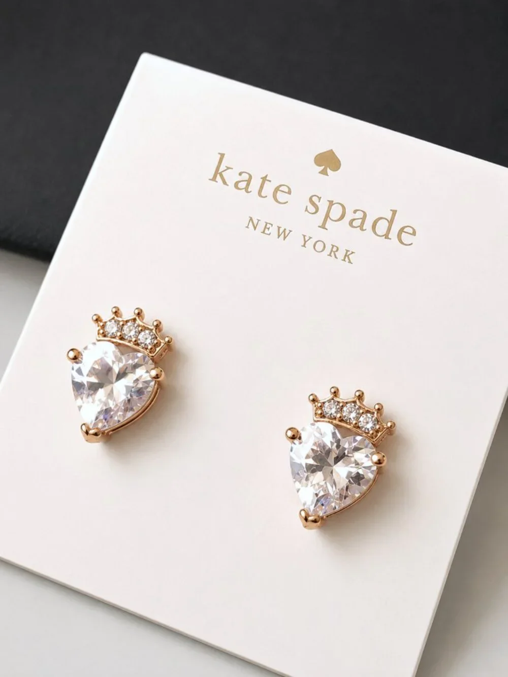 Kate Spade Crystal Heart Crown Stud Earrings Gold Tone Princess Jewelry